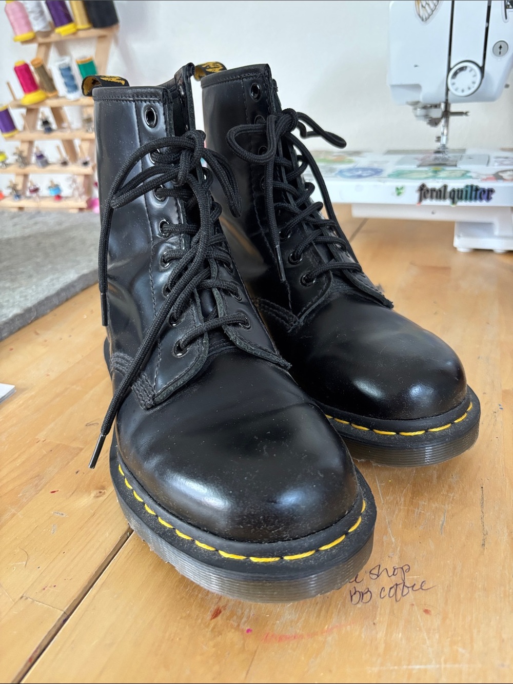 Dr. Martens Black Leather Lace-Up Boots with Yellow Stitching Women’s US 8